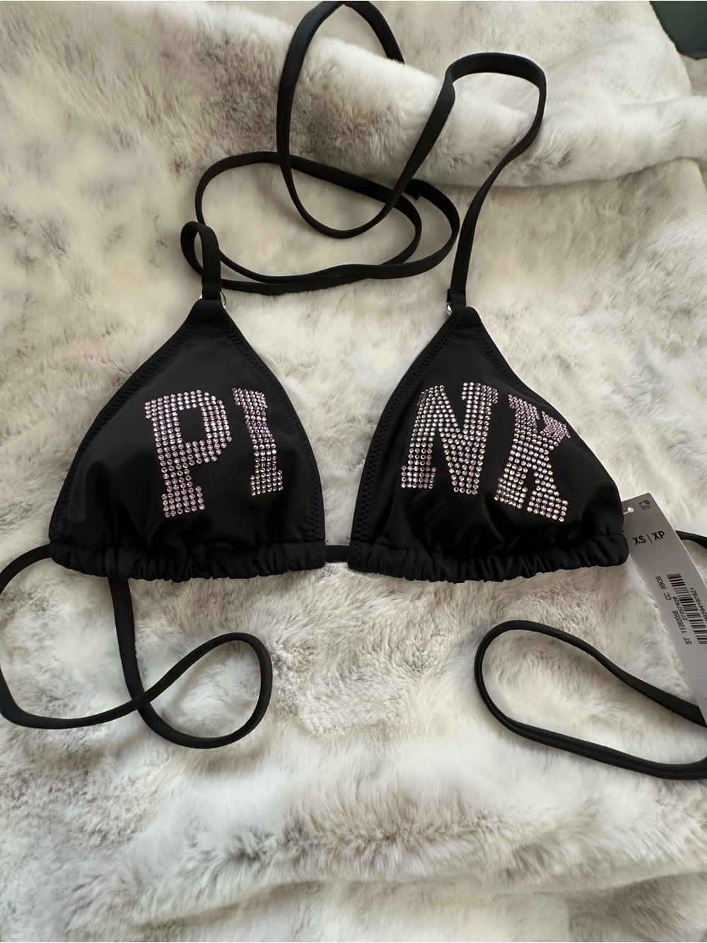 PINK Victoria's Secret Black Triangle Bikini Top with Rhinestone Logo